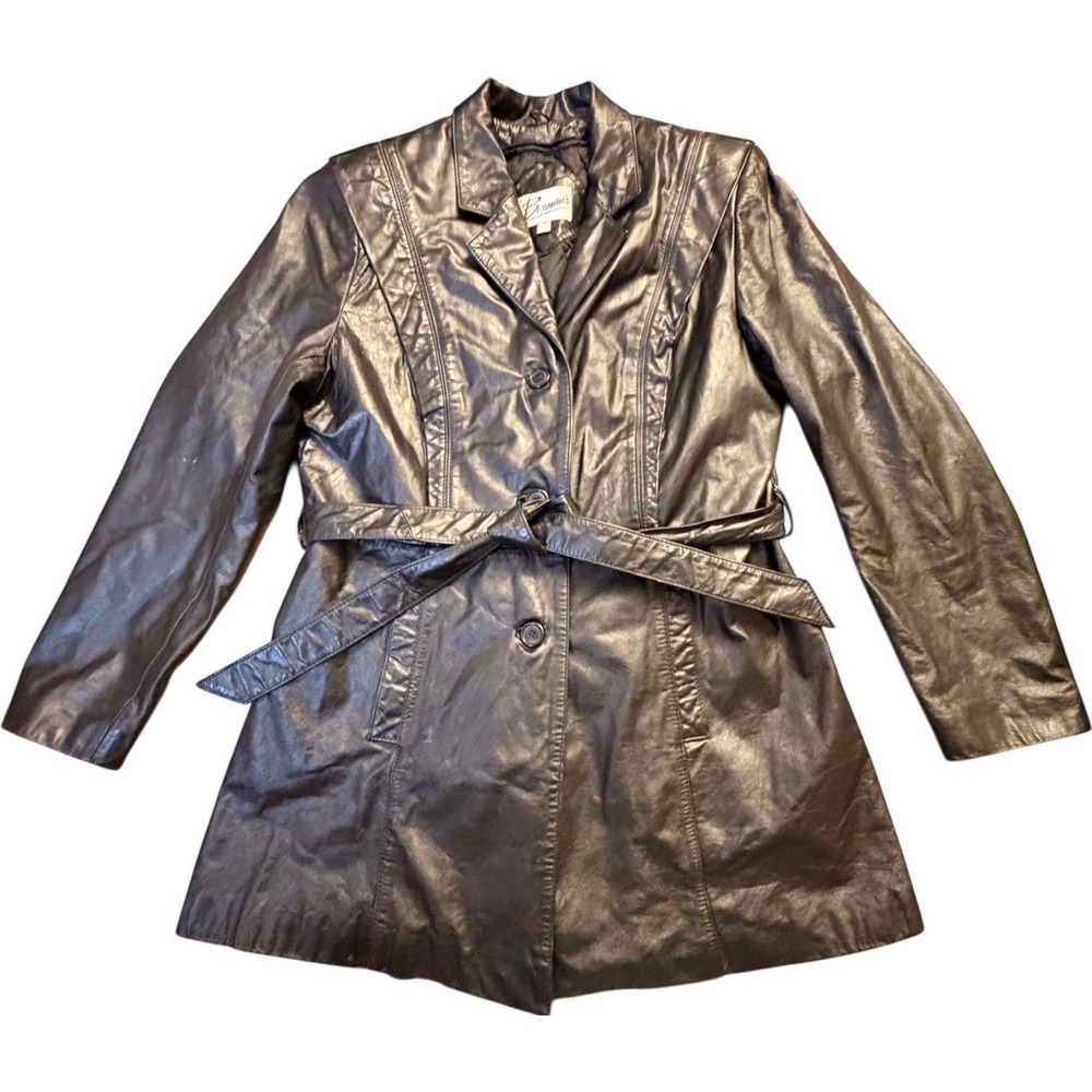 Vintage Berman's Black Leather Belted‎ Blazer Jacket Removeable Liner Sz 14